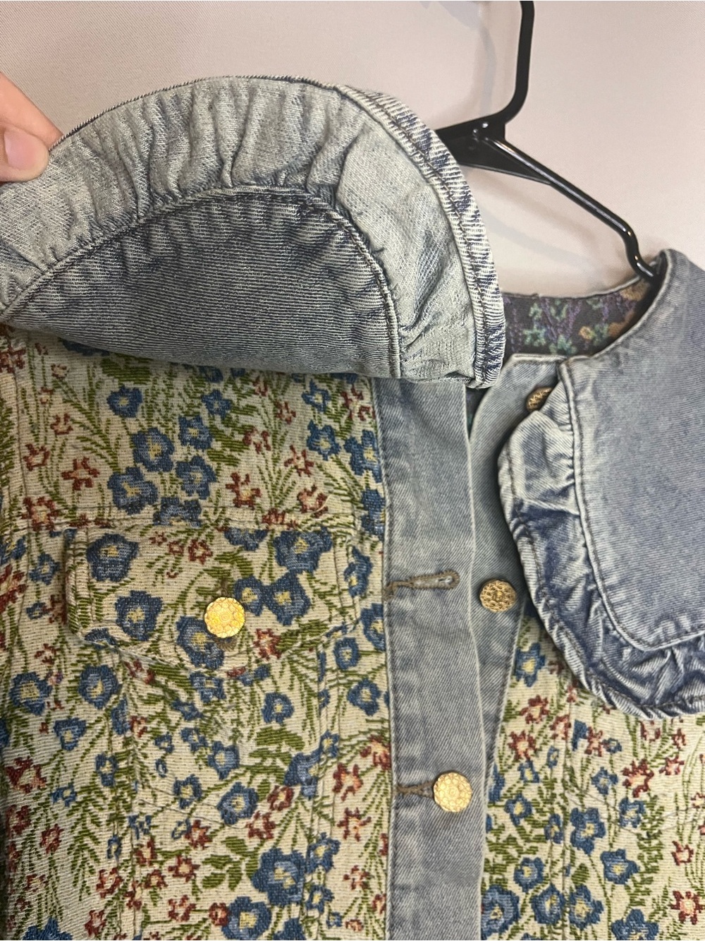 Floral Print Denim Crop Jacket with Contrast Collar - Blue - Picture 4 of 5